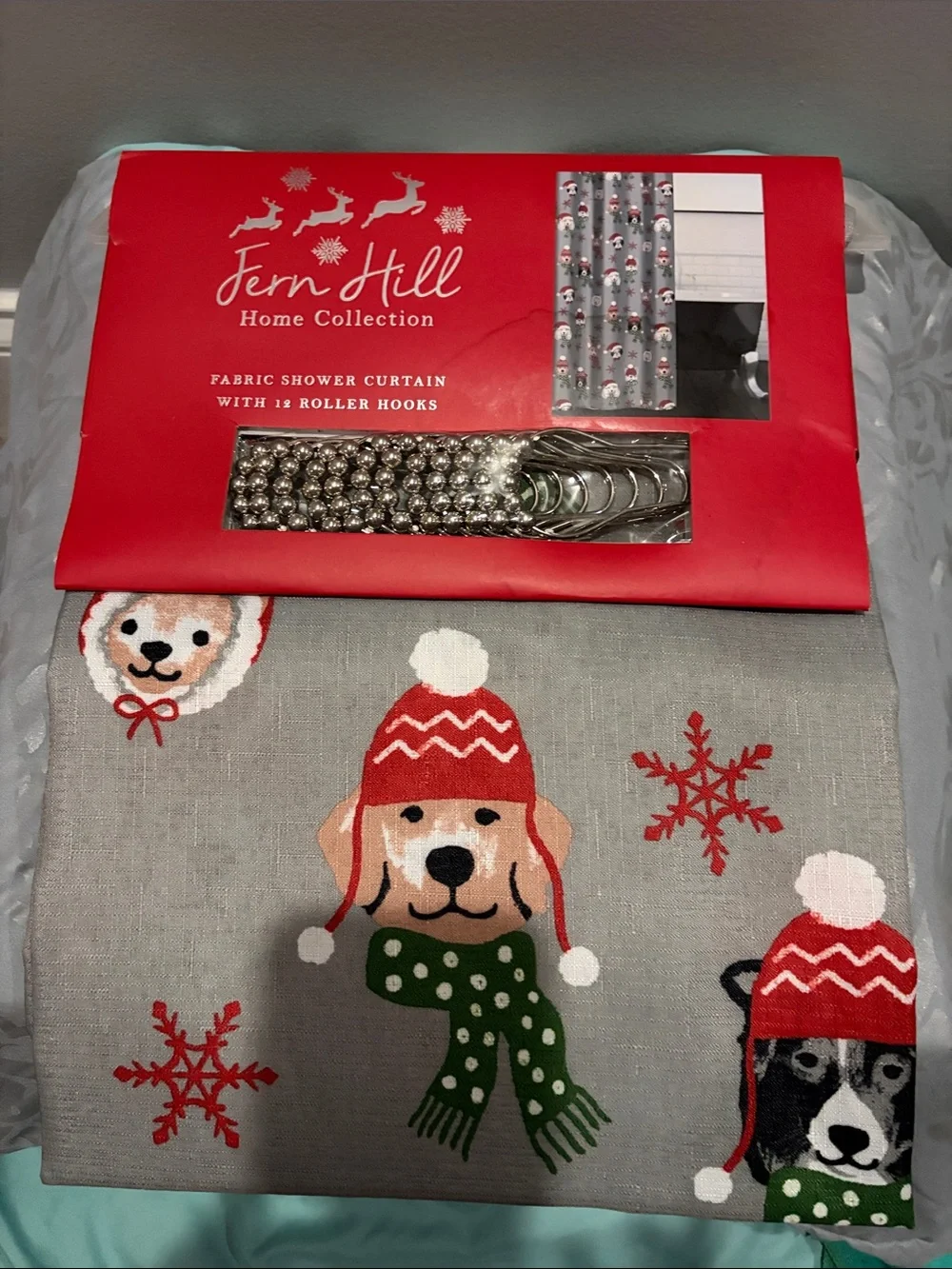 Gray Holiday Dog Print Fabric Shower Curtain